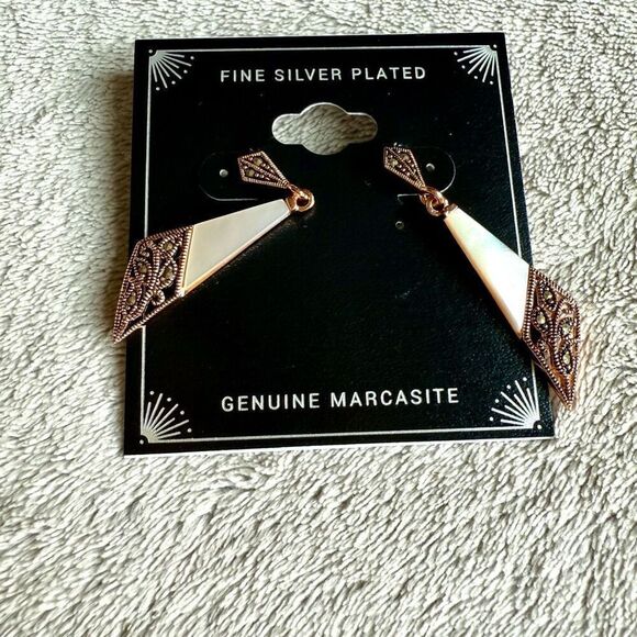 Designer Fine Silver Plated Genuine Marcasite Rose Gold Tone Drop Earrings - Picture 3 of 4